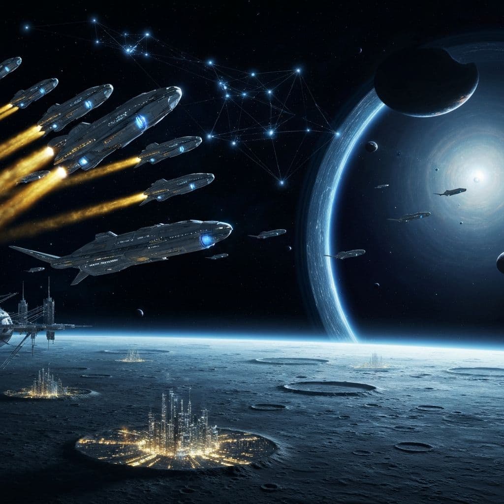 Fleet of Starship vessels departing a lunar orbital station toward a quantum portal gateway in deep space